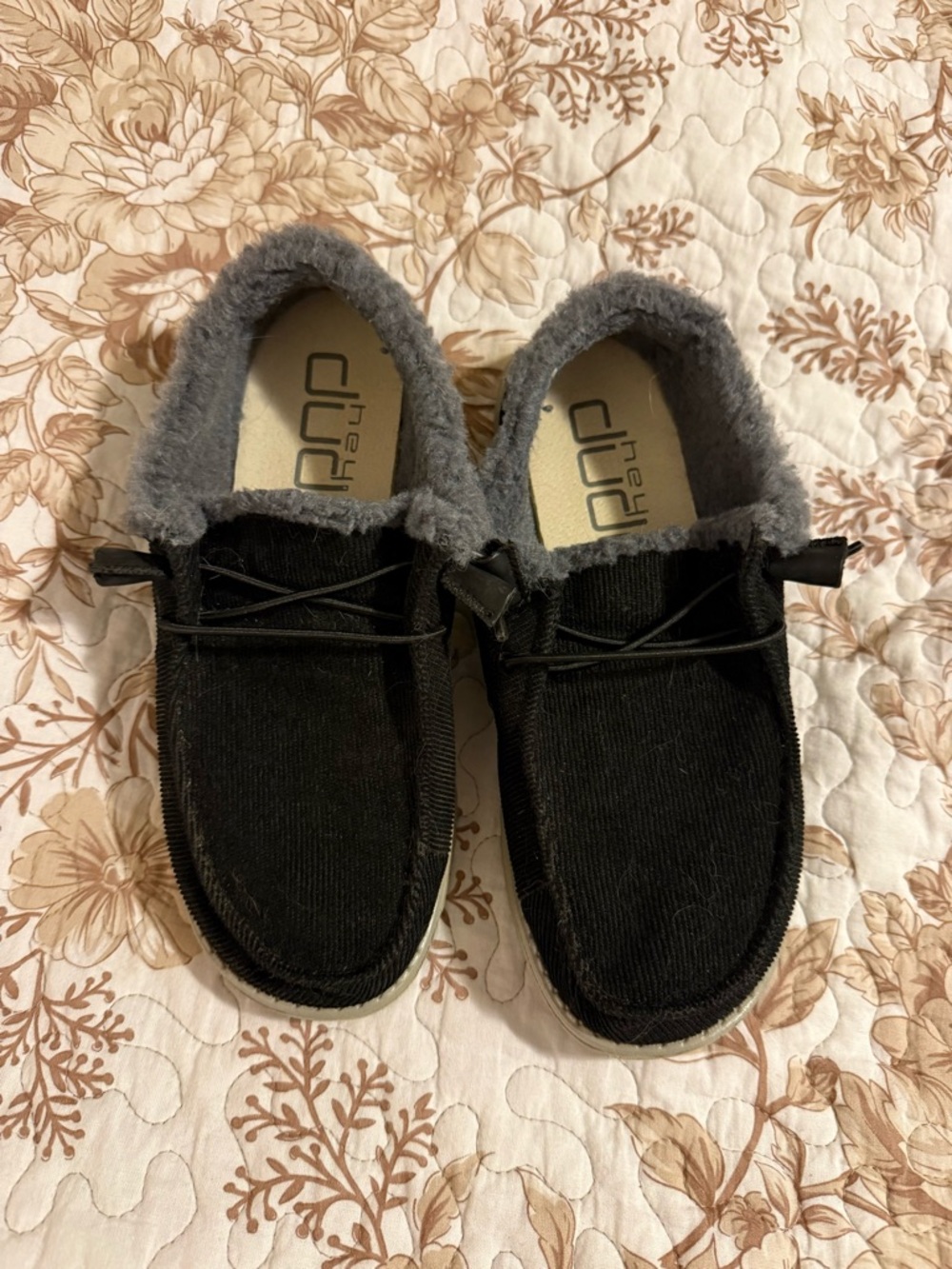 Hey Dude Women’s Black Corduroy Slip-On Loafers with Gray Faux-Fur Collar